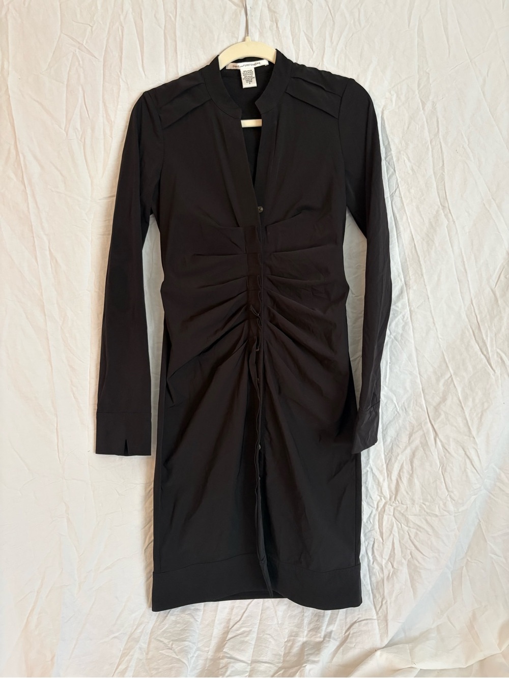 Black Long-Sleeve Ruched Front Dress - Diane Von Furstenburg